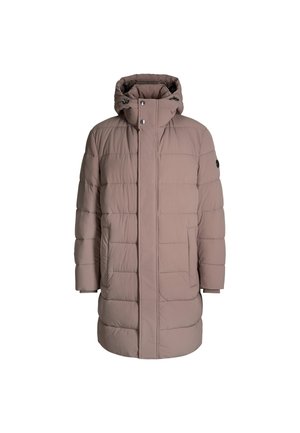 Giacca imbottita di colore marrone chiaro, con cappuccio, chiusura anteriore a scatto e design trapuntato. Realizzata in materiale sintetico con tasche laterali.