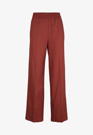 High-waisted wide-leg pants in rust-red fabric. Features an elastic waistband, pleated front, and smooth texture.