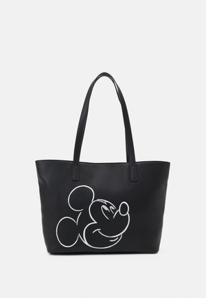 Borsa a spalla nera in pelle sintetica, con un contorno bianco della faccia di un personaggio dei cartoni animati su un lato e due manici coordinati.