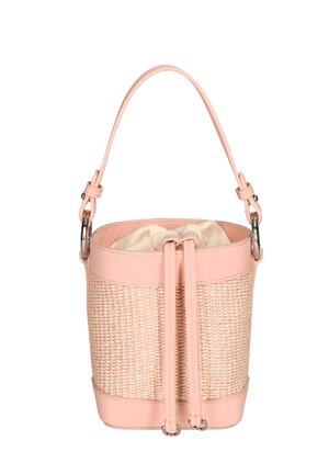Pink bucket bag with woven texture, drawstring fabric closure, and single handle attached by metal rings.