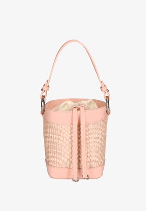 Roze emmertas met geweven textuur, trekkoordsluiting van stof en enkele handgreep bevestigd met metalen ringen.