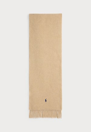 Beige wool scarf with fringed ends and a small embroidered navy blue polo player logo near one fringe.