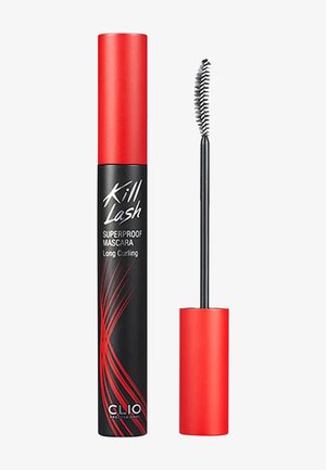 Tube de mascara waterproof Kill Lash noir et rouge avec applicateur brosse courbe rouge à côté sur fond blanc.