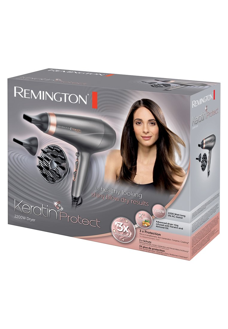 Suszarka do włosów Remington Keratin Protect w czarnym i różowo-złotym kolorze, o mocy 2200W, wyposażona w powłokę ceramiczną oraz dołączone nasadki: dyfuzor i koncentrator.