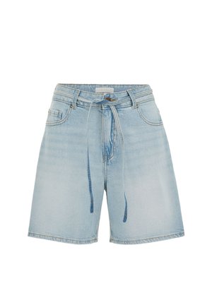 Hele sinised teksast lühikesed püksid ees taskute, vööaasade ja õhukese teksavöösidemega vöökohal.