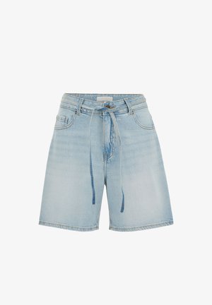 Hele sinised teksast lühikesed püksid ees taskute, vööaasade ja õhukese teksavöösidemega vöökohal.