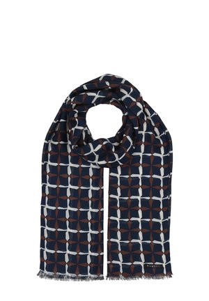 Navy and white patterned scarf with geometric design, featuring brown accents and fringed edges. Made of lightweight fabric.
