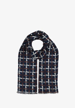 Sciarpa a righe blu navy e bianca con design geometrico, caratterizzata da accenti marroni e bordi frangiati. Realizzata in tessuto leggero.