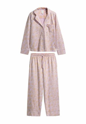 Langärmliges Pyjama-Oberteil mit Knopfleiste und Kordelzughose mit einem beigen und hellrosa Paisley-Muster.