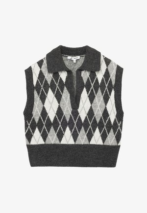 Hihaton neuleliivi, jossa on harmaa, musta ja valkoinen rombi-kuvio, ribbireuna kauluksessa, syvä V-pääntie ja ribbireuna helmassa.