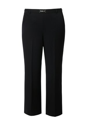 Pantaloni neri su misura con design a gamba dritta, caratterizzati da un dettaglio in metallo argentato in vita e pieghe frontali per un tocco in più.