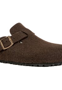 Sabot en feutre brun à forme arrondie, doté d'une boucle en métal et d'une semelle texturée. Design à bout fermé et talon ouvert pour un enfilage facile.