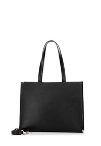 Borsa tote nera in pelle con due manici e una tracolla removibile. Presenta una superficie testurizzata e una forma rettangolare.