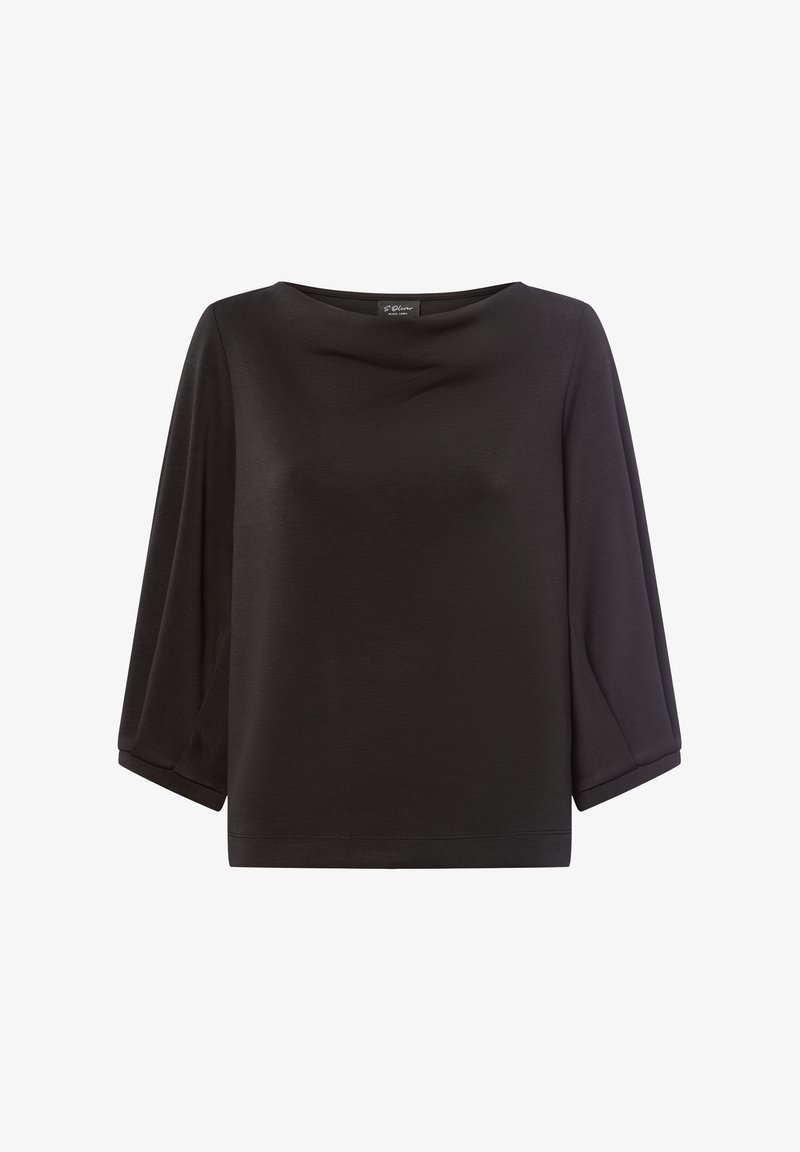 Schwarzes, locker sitzendes Oberteil mit weitem Ausschnitt und Dreiviertelärmeln. Aus glattem Stoff mit weicher Textur gefertigt, mit geradem Saum.