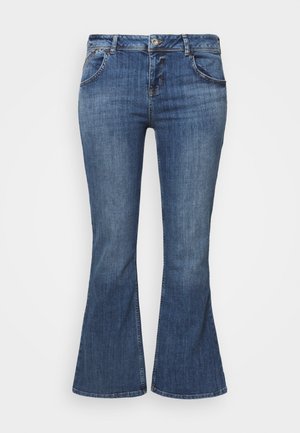 Udfoldede blå jeans med en falmet vask, femlomme-design, knaplukning og kontraststing på taljen og lommerne.