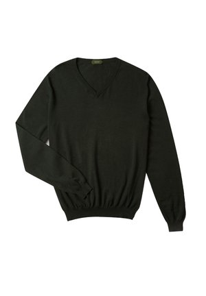 Dark green, long-sleeve, V-neck sweater made of soft material, featuring ribbed cuffs and hem. Simple design, minimal embellishments.