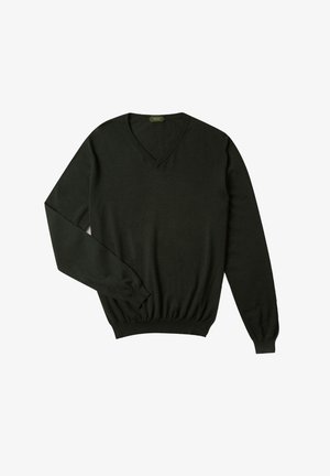 Ciemnozielony sweter z długim rękawem i dekoltem w kształcie litery V, wykonany z miękkiego materiału, z prążkowanymi mankietami i dołem. Prosty design, minimalne ozdoby.