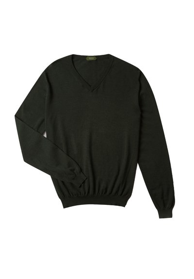 Ciemnozielony sweter z długim rękawem i dekoltem w kształcie litery V, wykonany z miękkiego materiału, z prążkowanymi mankietami i dołem. Prosty design, minimalne ozdoby.