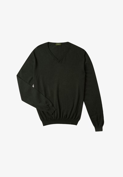 Dunkelgrüner, langärmliger V-Ausschnitt-Pullover aus weichem Material, mit gerippten Bündchen und Saum. Einfaches Design, minimalistische Verzierungen.