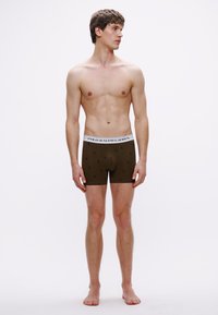Hnedé boxerky s jemným vzorom, s bielym elastickým pásom s nápisom "POLO RALPH LAUREN." Model stojí vzpriamene, bez košele.