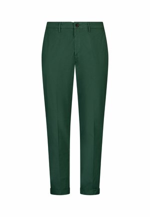 Pantalons en coton vert foncé avec une coupe droite, dotés d'une fermeture à bouton, de passants de ceinture et de manches retroussées. Texture lisse et design épuré.