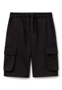 Shorts cargo noirs en tissu doux, avec une taille élastique munie d'un cordon de serrage, deux poches latérales et deux poches à rabat.