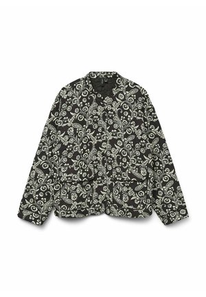 Black button-up shirt with white floral and paisley patterns, featuring a collar and two front pockets. Textured fabric with a relaxed fit.