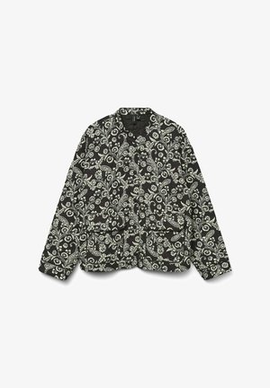 Črna srajca na gumb z belimi cvetličnimi in paisley vzorci, opremljena z ovratnikom in dvema sprednjima žepoma. Tekstilirana tkanina z sproščenim krojem.
