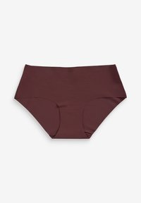 Ropa interior hipster para mujer sin costuras de color marrón oscuro con acabado liso y cintura ancha, colocada plana sobre un fondo blanco.