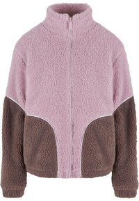 Chaqueta de forro polar con cremallera en rosa suave y marrón. Presenta un collar alto, tejido texturizado y paneles laterales contrastantes con ribete blanco.