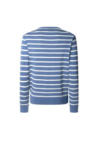 Pull bleu à manches longues avec des rayures blanches horizontales, poignets et ourlet côtelés, vu de dos sur fond blanc.