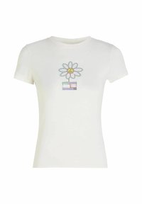Camiseta de algodón blanca con mangas cortas, que presenta un gráfico de flores en tonos pastel y bloques apilados con la palabra "JEANS" en un texto multicolor.