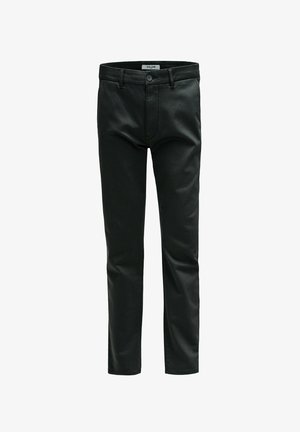 Črne bombažne chinos hlače ožjega kroja, z gumbom za zapiranje in običjnimi žepi. Gladka tekstura in čiste linije brez vzorcev.