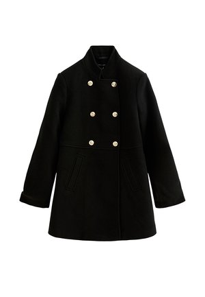 Manteau noir à double boutonnage avec un col haut, présentant des boutons dorés, des poches latérales et un tissu en laine lisse. Pas de motifs ni d'accents visibles.