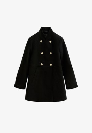 Zwarte dubbelzijdige jas met hoge kraag, voorzien van gouden knopen, zijzakken en gladde wol stof. Geen zichtbare patronen of accenten.