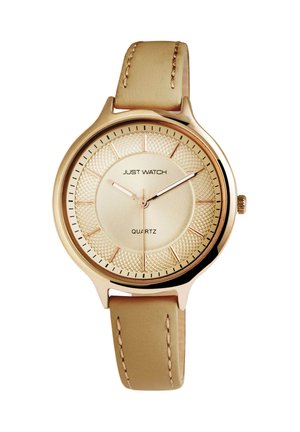 Goldfarbene Quarzuhr mit einer strukturierten runden Uhrenglasscheibe, einem beigen Lederarmband und minimalistischen Stundenmarkierungen. Die Krone befindet sich auf der rechten Seite.