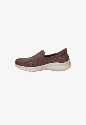 Slip-on sneaker with brown knit upper featuring small metallic accents and thick white cushioned sole.