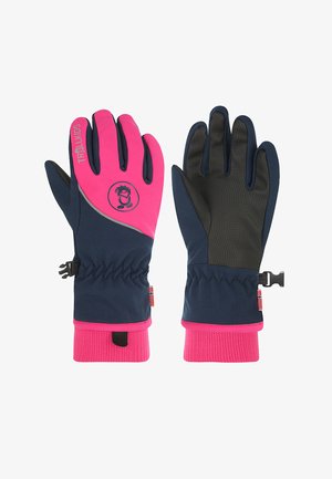 Kinder-Winterhandschuhe in Marineblau und leuchtendem Pink mit strukturierten schwarzen Handflächen, elastischen Bündchen und verstellbaren Clips für sicheren Halt.