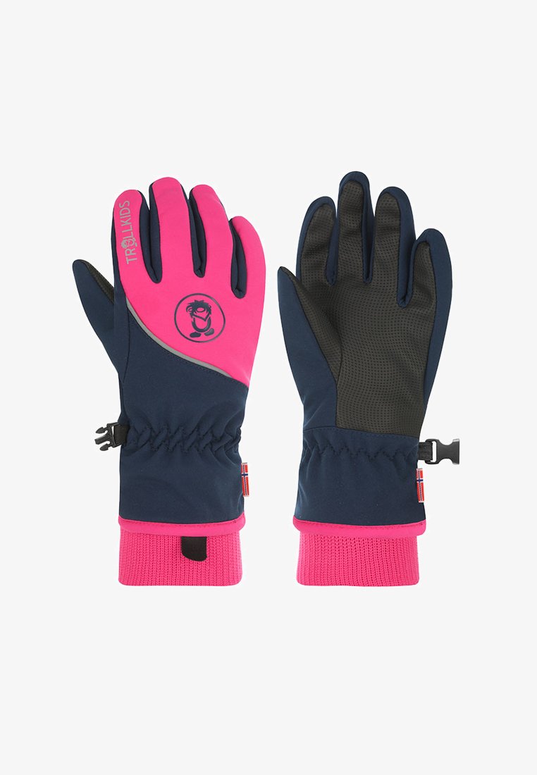 Children's winter gloves in navy and bright pink with textured black palms, elastic wrists, and adjustable clips for secure fit.