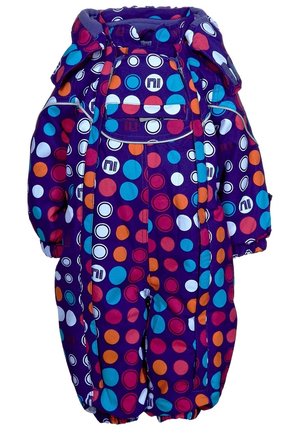 Paarse skipak met grote, meerkleurige polkadots. Voorzien van een capuchon, elastische manchetten en een ritssluiting aan de voorkant. Gemaakt van een gevoerd, weerbestendig materiaal.