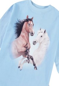 Ljusblå sweatshirt med en grafik av en brun häst och en vit häst som står mittemot varandra. Mjuk textur med rund halsringning.