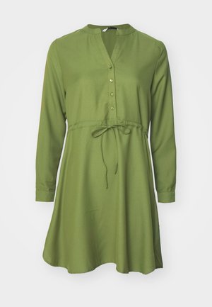 Groene jurk met lange mouwen, een V-hals, knoopsluiting, een getailleerde tailleband en een uitlopende rok. Glad stof en eenvoudig ontwerp.
