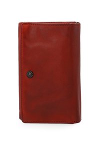 Red leather wallet with a smooth texture, rectangular shape, black decorative snap, and visible stitching on the edges. Compact design.