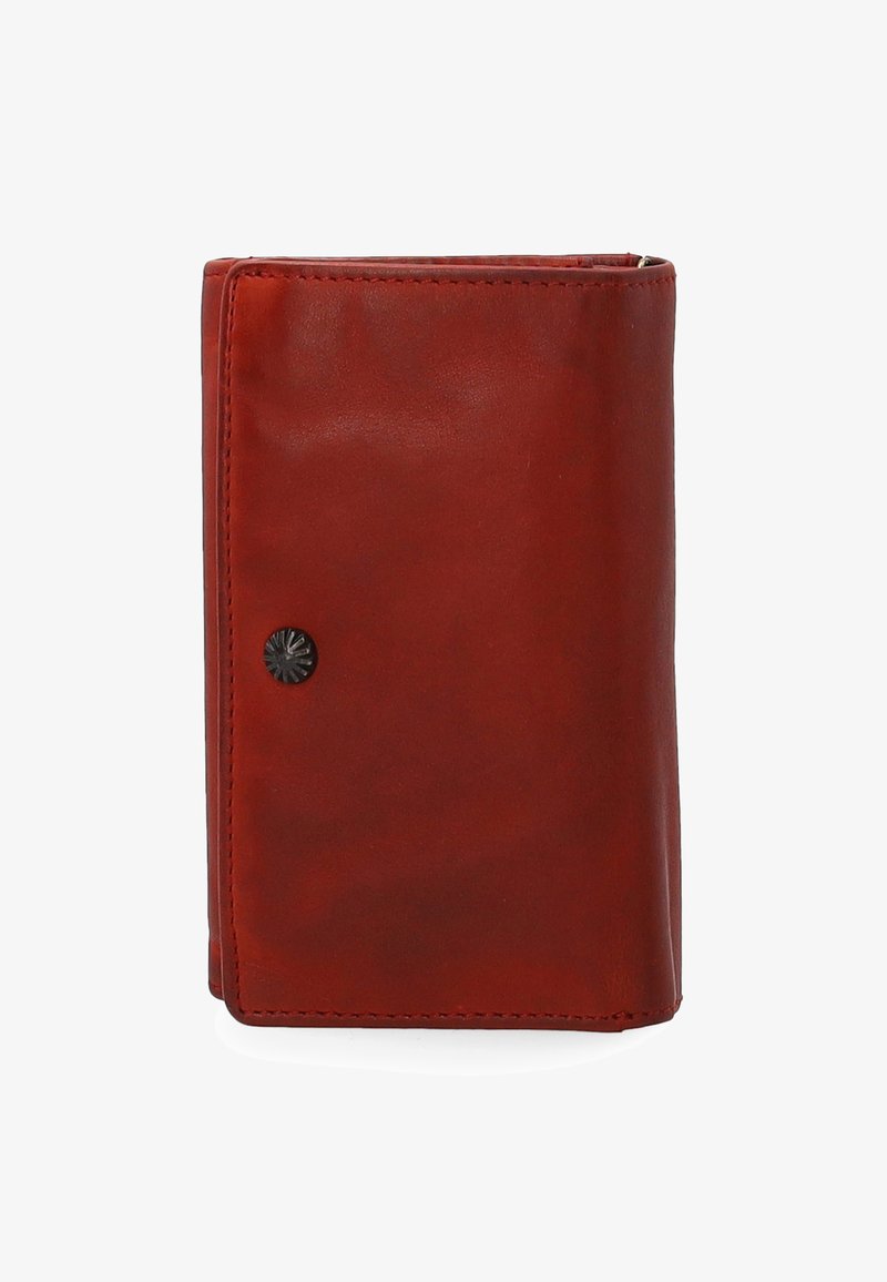 Red leather wallet with a smooth texture, rectangular shape, black decorative snap, and visible stitching on the edges. Compact design.