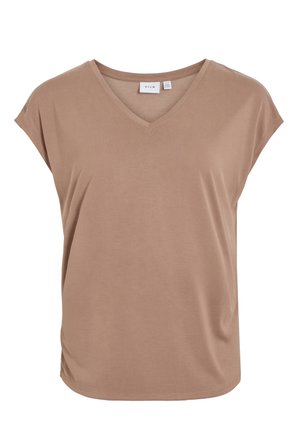 Top de decote em V, de mangas curtas, na cor castanho claro, confeccionado em material suave com uma textura lisa; apresenta um corte descontraído e aberturas nas laterais.