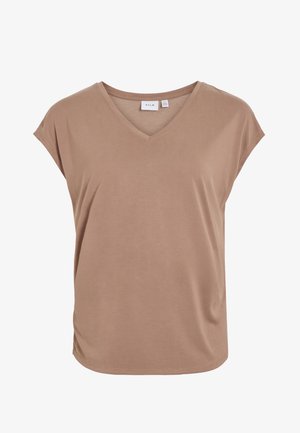 Bluzka z dekoltem w serek, krótki rękaw w jasnobrązowym kolorze, wykonana z miękkiego materiału o gładkiej fakturze; charakteryzuje się luźnym krojem i rozcięciami po bokach.