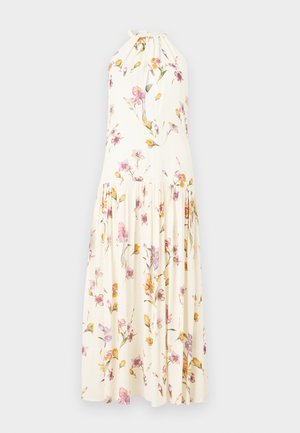 Kreemipesu maxi kleit lillemudega, millel on roosa ja kollane lilleprint, kaelus, mis seondub alt, ning volditud seelik.