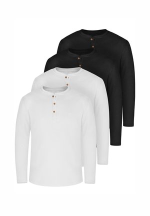 Vier Langarm-Henley-Shirts übereinander gestapelt: zwei weiße, zwei schwarze. Jedes Shirt hat einen Rundhalsausschnitt, eine Knopfleiste mit drei Knöpfen und eine weiche Textur.