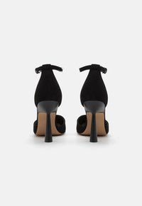 Paire de sandales à talons hauts noires avec brides à la cheville, vues de dos, sur un fond uni gris clair.