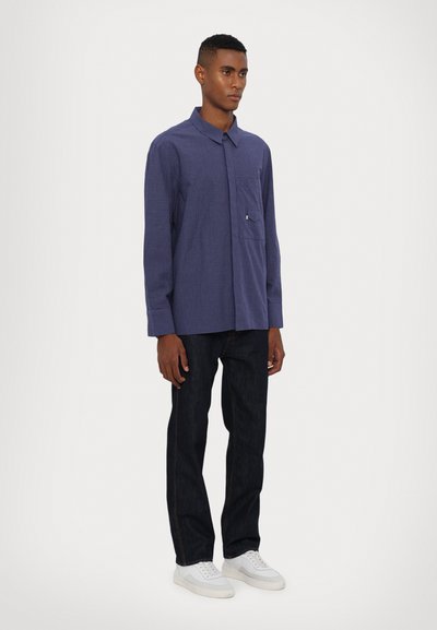 Camicia a maniche lunghe a quadri blu e bianchi con colletto, taschino sul petto singolo, abbinata a jeans in denim scuro e sneakers bianche.